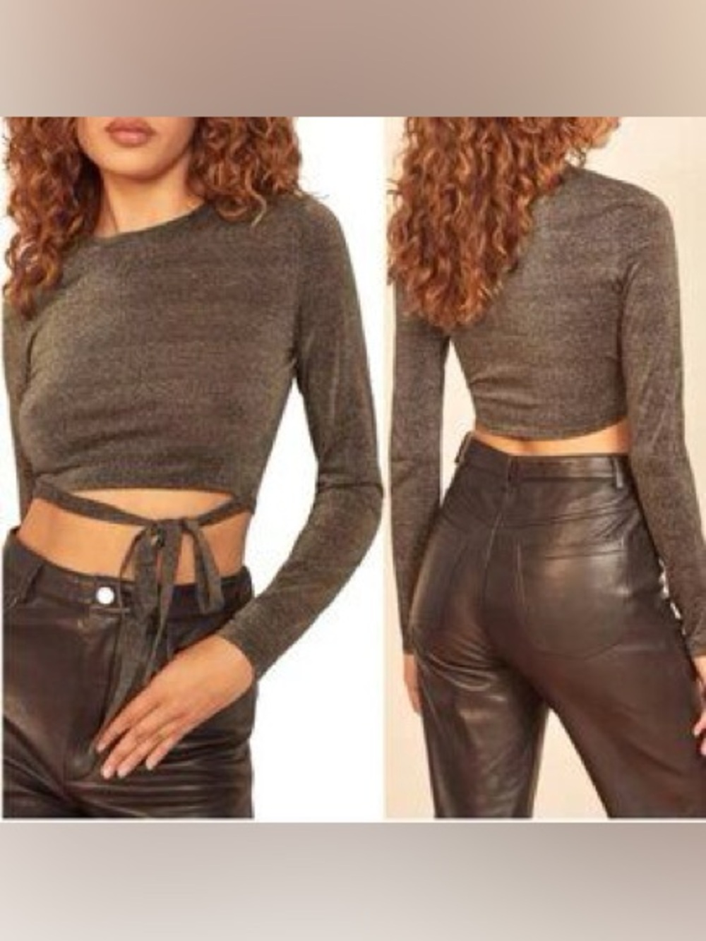 NWOT Reformation Jupiter Metallic Long-Sleeve Tie-Front Crop Top